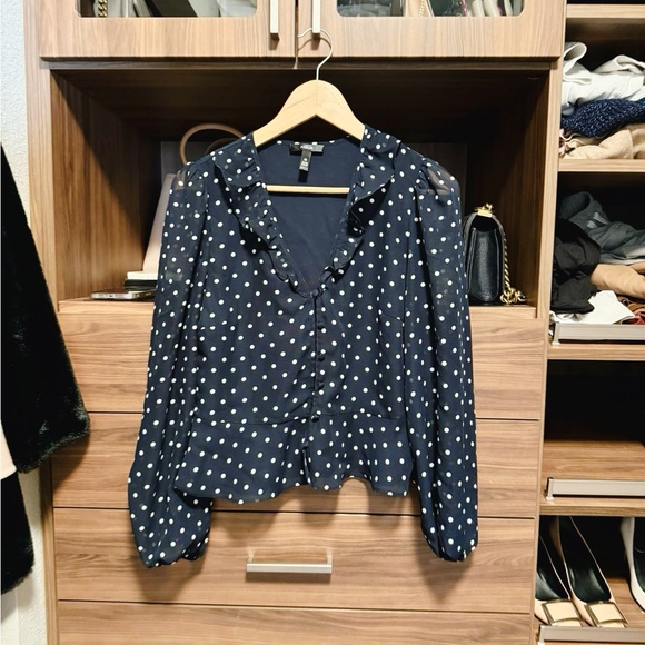 AQUA Polka Dots Ruffle Blouse in Navy - Picture 1 of 5